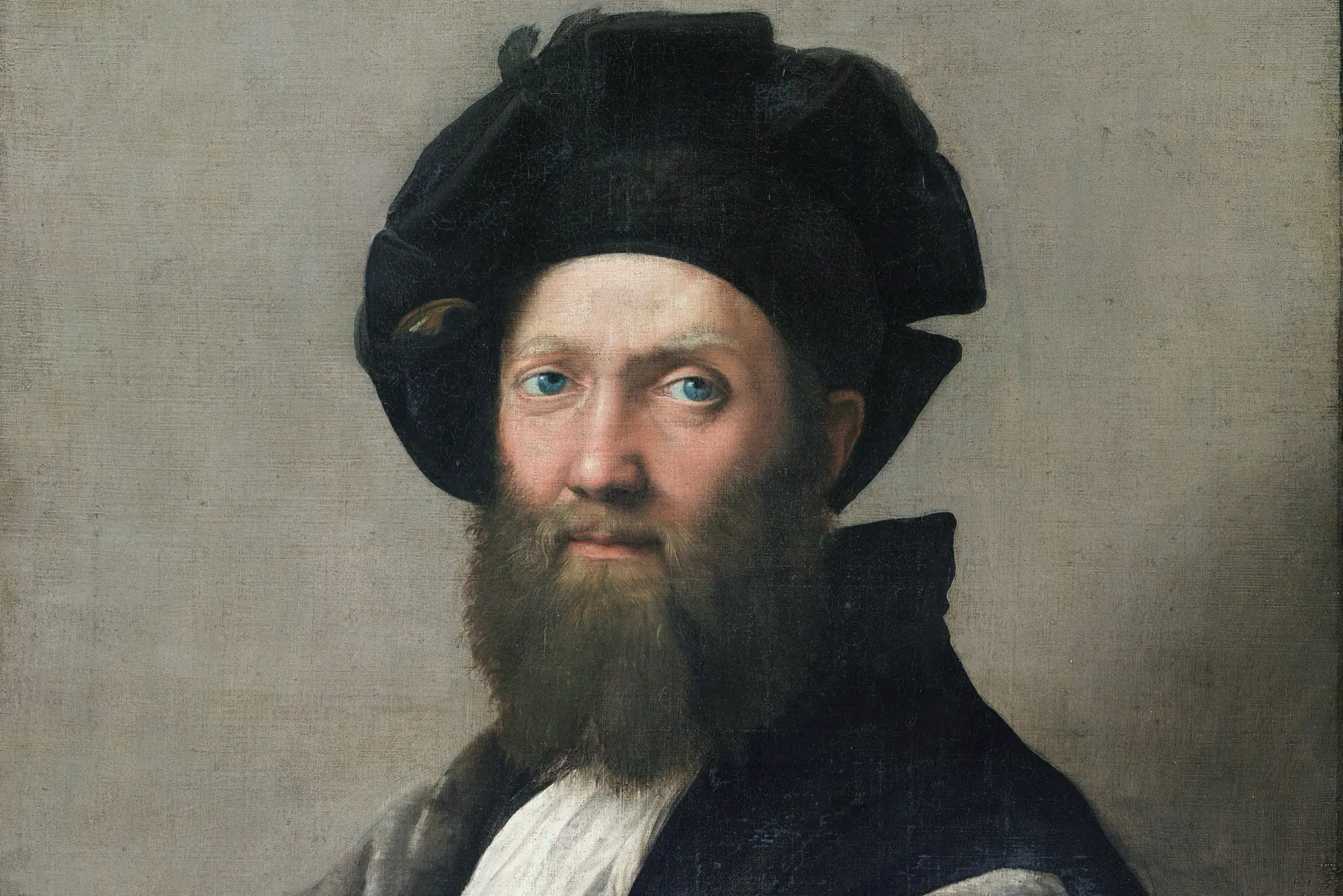 Raphael’s portrait of Baldassare Castiglione: a bearded man in a black hat and grey fur, looking straight out